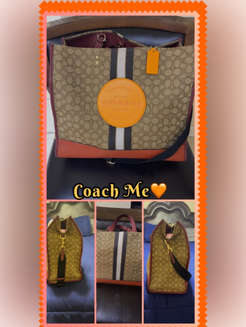 Coach Canvas Tote with Orange Patch and Brown Trim bundle with Wristlet free 💋